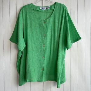 BFA women plus size 3X cotton gauze shirt short sleeve button front green VTG